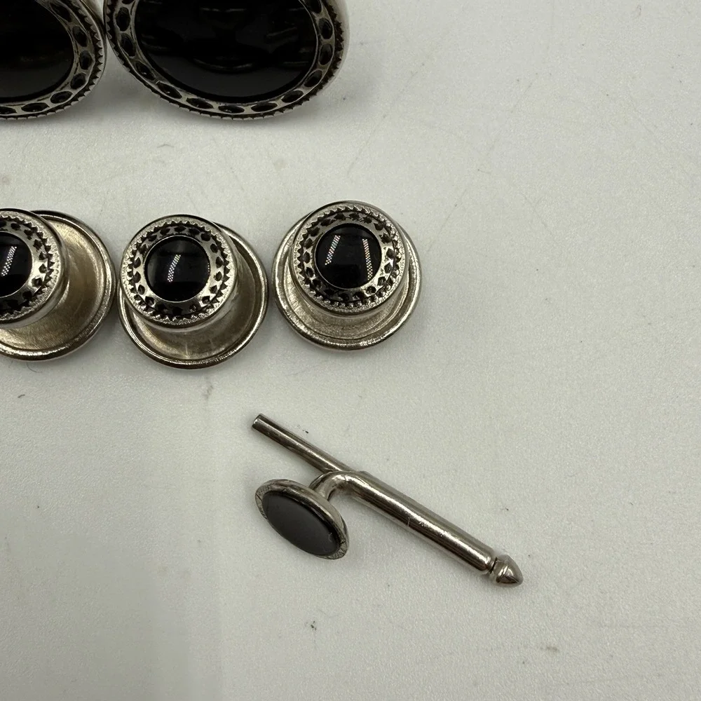 Vintage Broadway Tux Makers Black Cufflinks Shirt Stud Set Silver Tone 8 Piece
